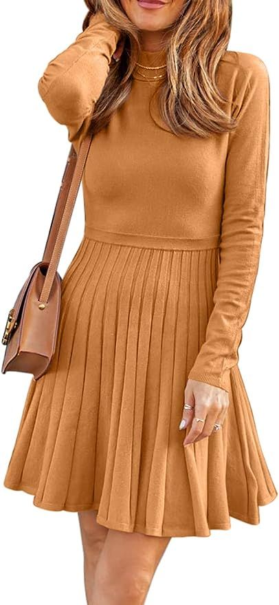 Umimi Women's Mock Neck Ribbed Long Batwing Sleeve Pleated Pullover Cute Mini Sweater Dress | Amazon (US)