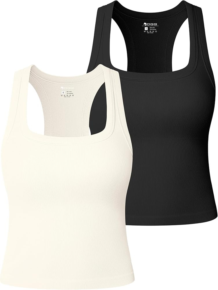 OQQ Women's Tank Top 2-Piece Ribbed Samless Square Neck Sleeveless Tops Stretchy Casual Going Out... | Amazon (US)