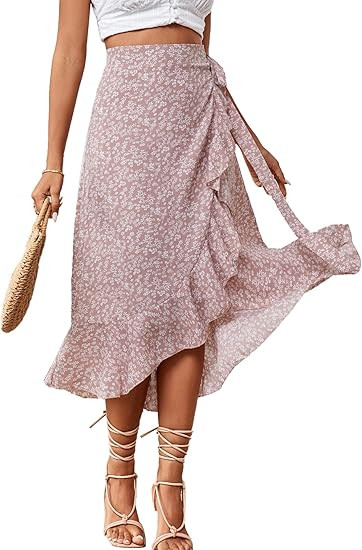 LYANER Women's Boho Floral Print Wrap Front Self Tie Knot Ruffle Hem Split Midi Skirt | Amazon (US)