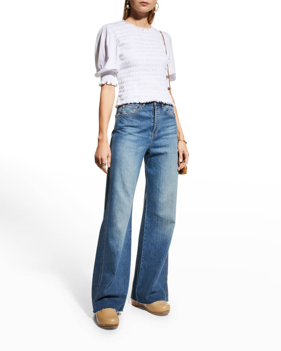 Veronica Beard Jeans Langston Smocked Puff-Sleeve Top | Neiman Marcus
