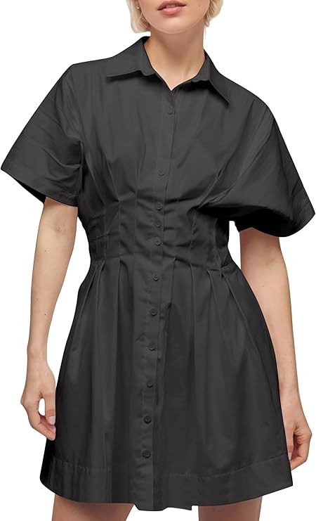 Women’s Button Front Down Pleated Shirt Dress Summer Casual Striped Short Sleeve Blouse Mini Dr... | Amazon (US)