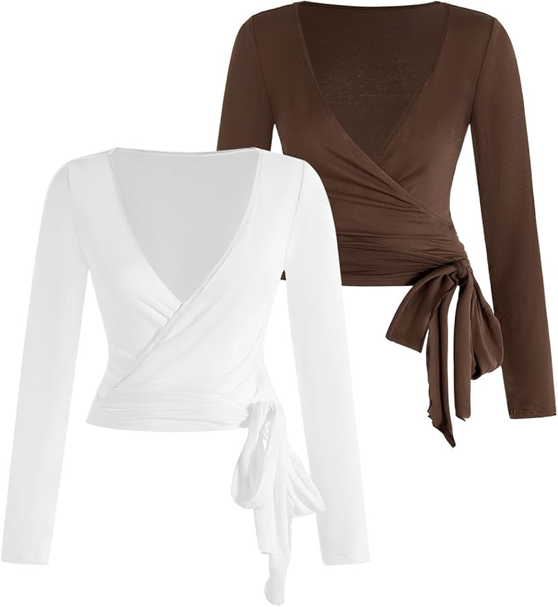 SweatyRocks Women's Pilates Outfits Wrap Tops Ballet Yoga Coquette Shirt Cute Long Sleeve Workout... | Amazon (US)