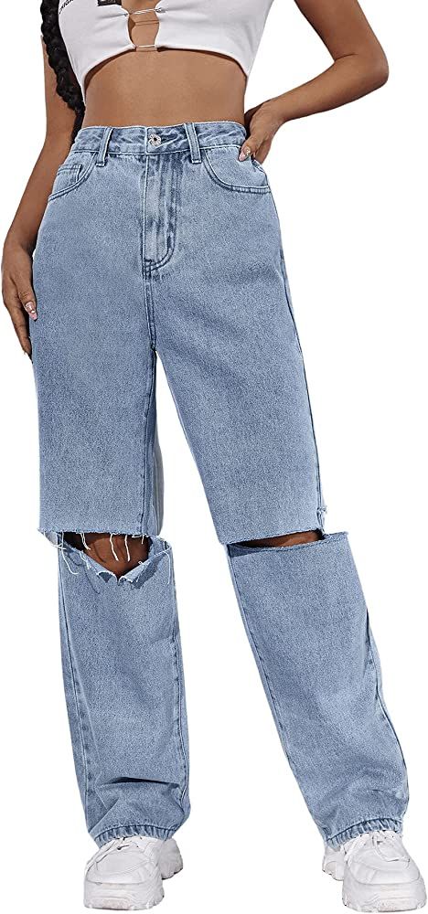 SweatyRocks Women's Ripped Straight Leg Jeans High Waist Distressed Cutout Denim Pants | Amazon (US)