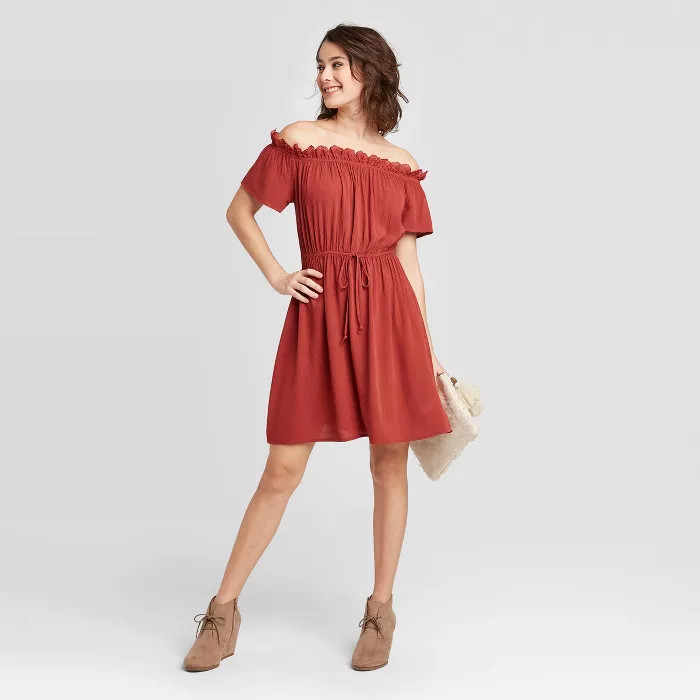 Women's Short Sleeve Eyelet Trim Off the Shoulder Mini Dress - Xhilaration™ Red | Target