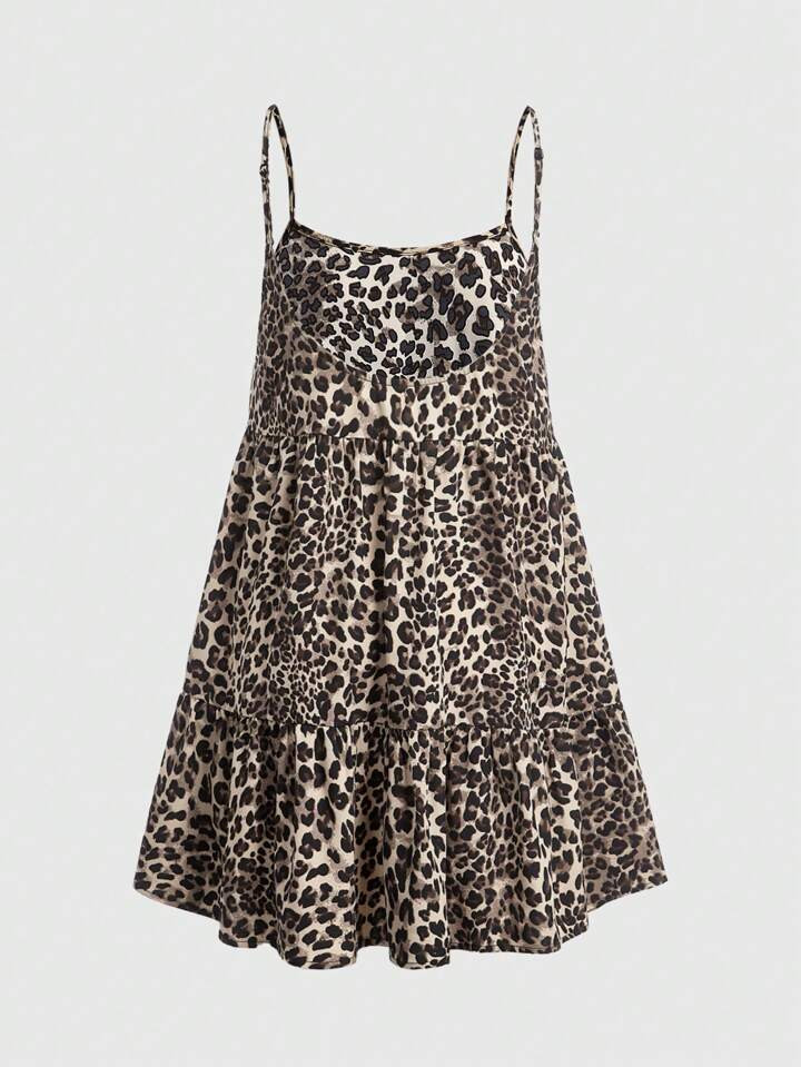 SHEIN EZwear Cute Holiday Leopard Print Backless Leopard Print Doll Mini Dress | SHEIN