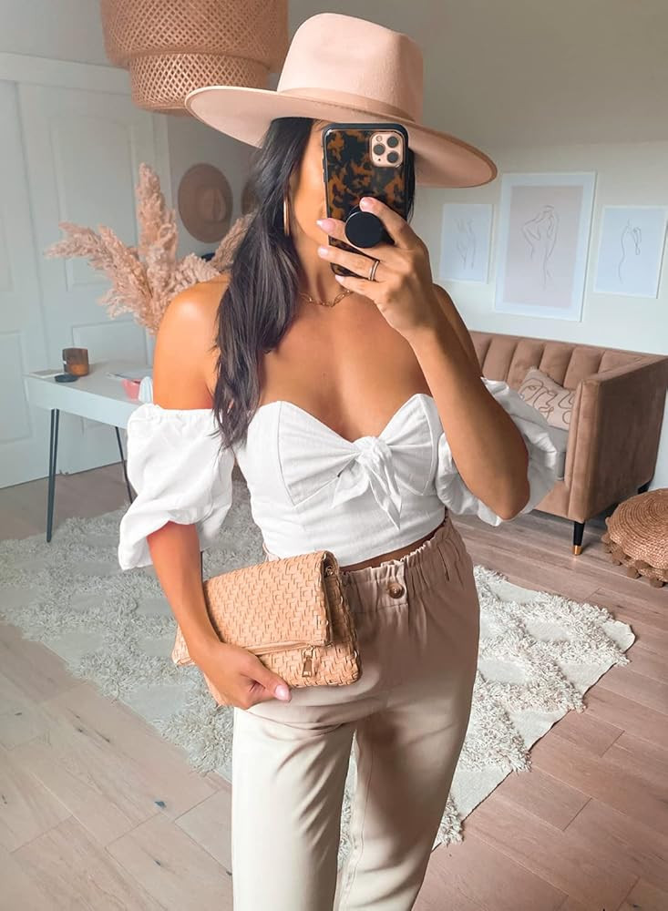 Kikula Women's Off The Shoulder Tops Sexy Tie Front Short Puff Sleeve Crop Top Blouse | Amazon (US)