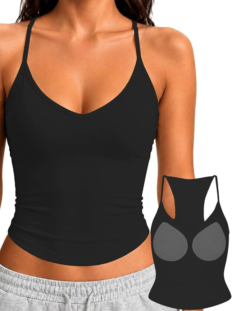 Danysu Double Lined Padded Racerback Stretchy Crop Tank Tops V Neck Slim Fitted Tee Workout Gym Y... | Amazon (US)