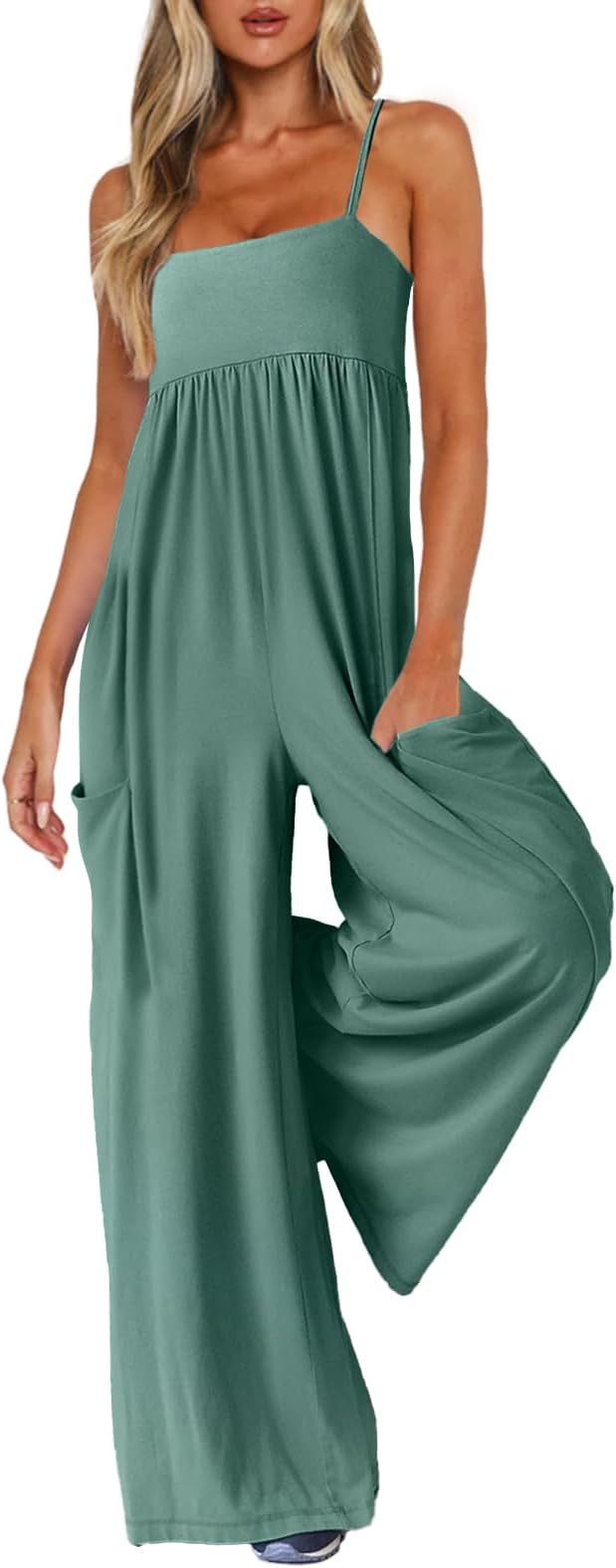 Jumpsuits for Women Spaghetti Strap Wide Leg One Piece Overalls Summer Rompers with Pockets Beach... | Amazon (US)