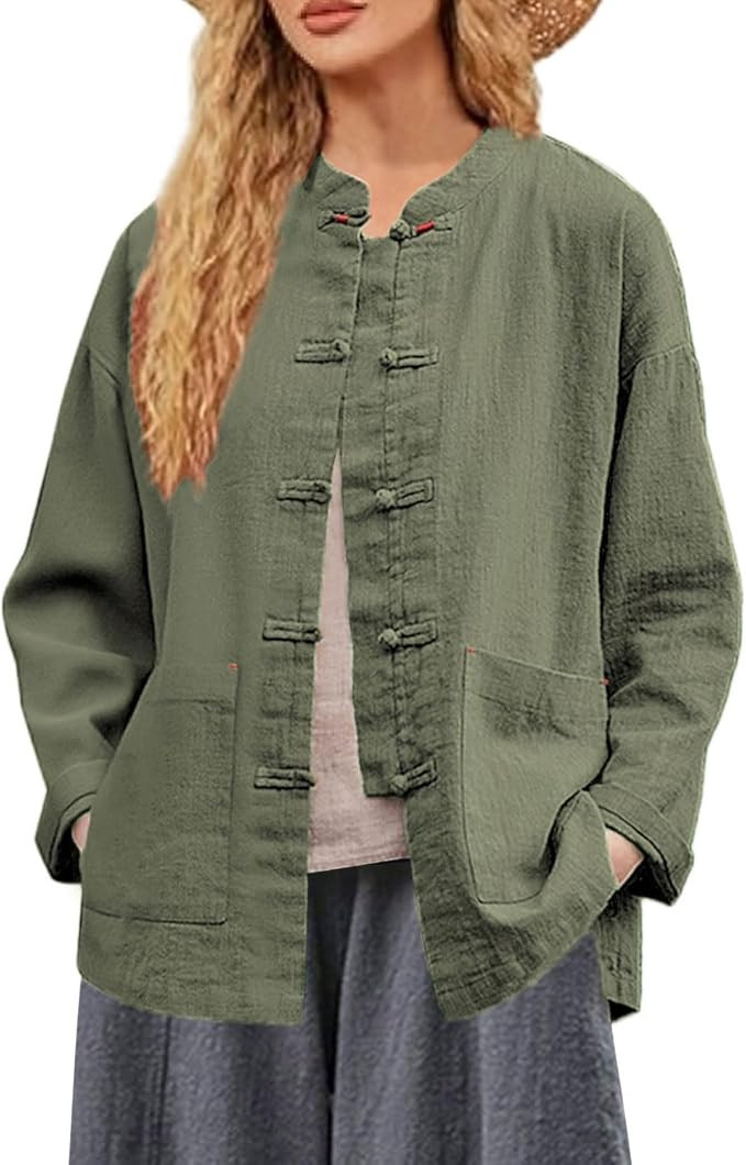 IXIMO Women's Linen Shirt Jakctes Vintage Cotton Long Sleeve Blouses Chinese Style Tunic Tops Gre... | Amazon (US)