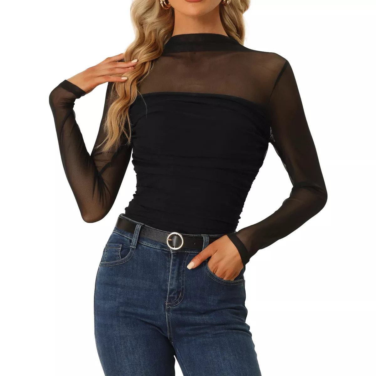 INSPIRE CHIC Women's Solid Mock Neck Mesh Sheer Long Sleeve Ruched Blouses Black Small | Target