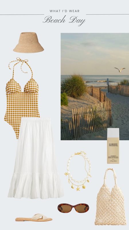 Gingham swimsuit, white maxi skirt, charm necklace, chunky pearl necklace, favorite sunscreen 

#LTKSeasonal