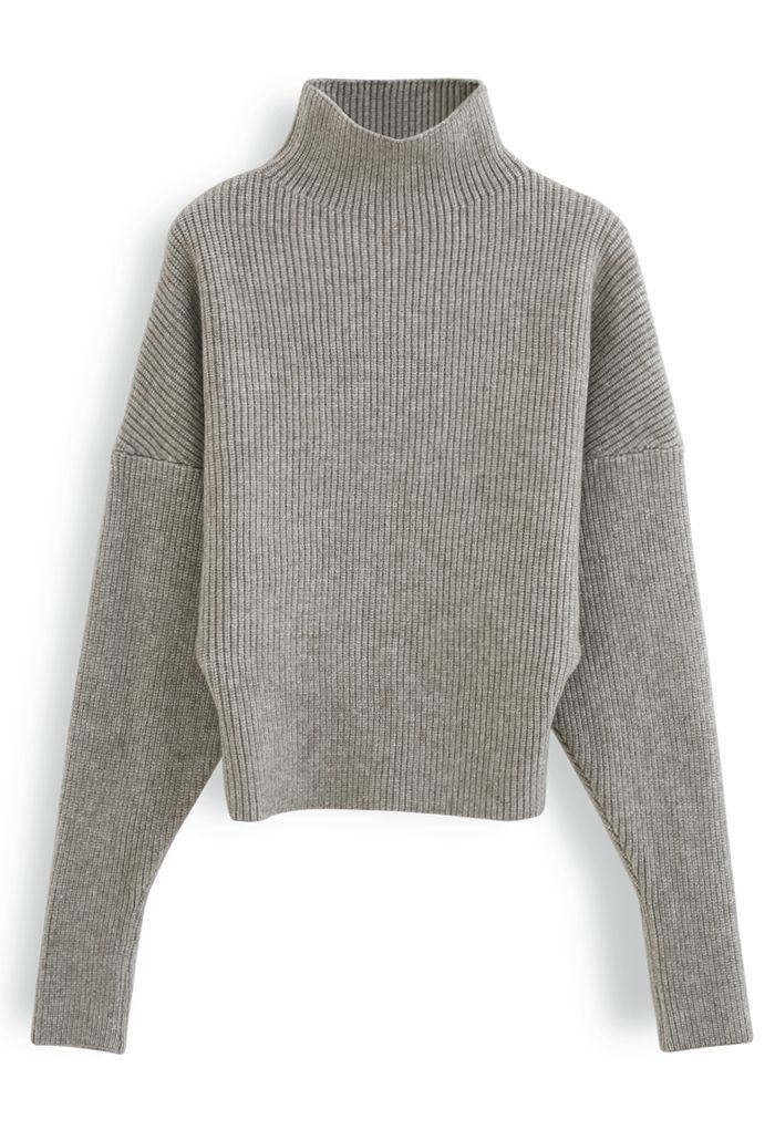 Batwing Sleeves Turtleneck Rib Knit Sweater in Sand | Chicwish