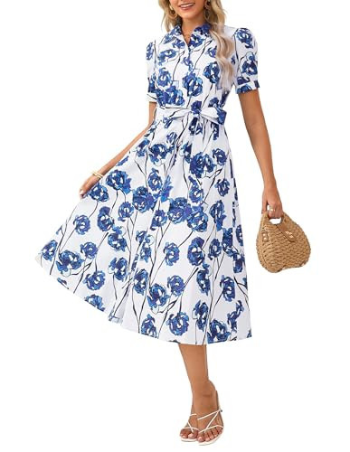 GRACE KARIN 2026 Cotton Summer Boho Midi Dresses for Women Puff Short Sleeve Shirt Dresses Flowy Floral A-line Wedding Guest Dress with Pocket Belt White Blue S | Amazon (US)