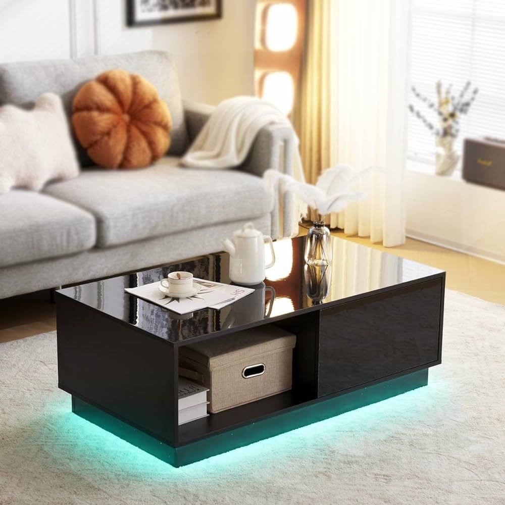VINGLI Coffee Table with LED Lights and Drawers, Modern High Gloss Coffee Table for Living Room, ... | Amazon (US)