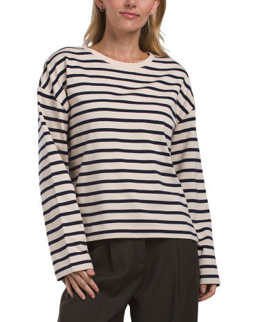 Long Sleeve Crew Neck Striped T-Shirt For Women, Cotton | TJ Maxx