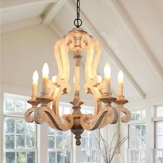 Oaks Aura Buttrio Antique Farmhouse 5-Light Rustic Wooden Candle Chandelier, Distressed White FC4... | The Home Depot