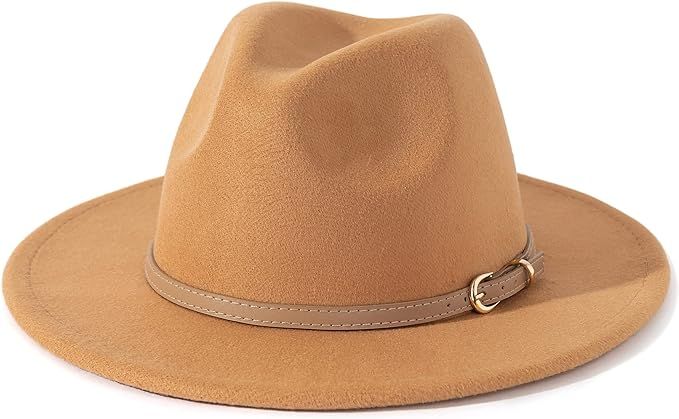 Lisianthus Women Classic Felt Fedora Wide Brim Hat with Belt Buckle | Amazon (US)