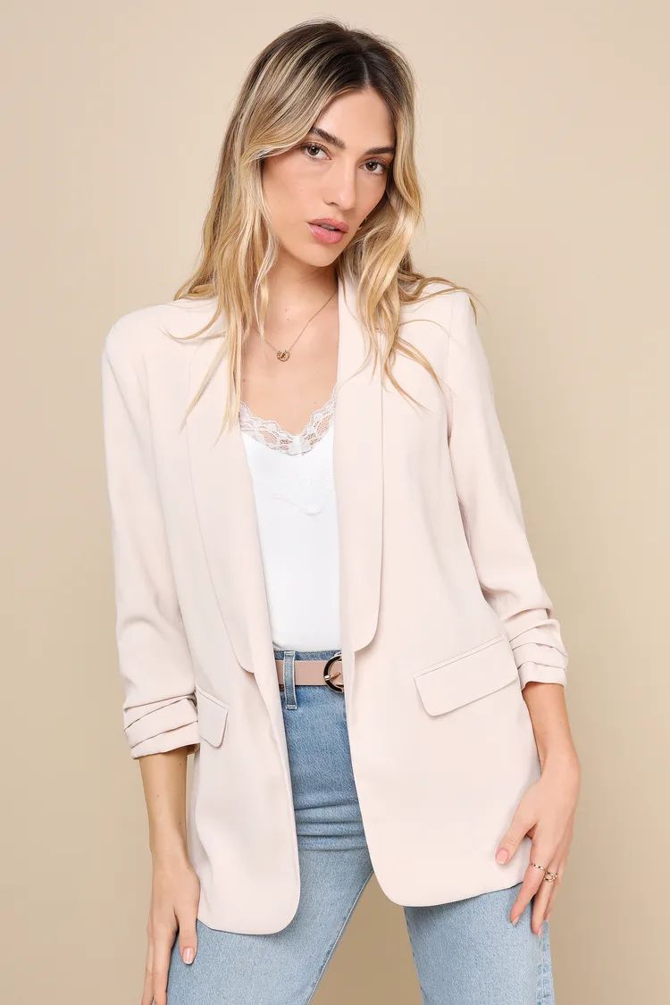 Superior Aesthetic Beige Three-Quarter Sleeve Ruched Blazer | Lulus