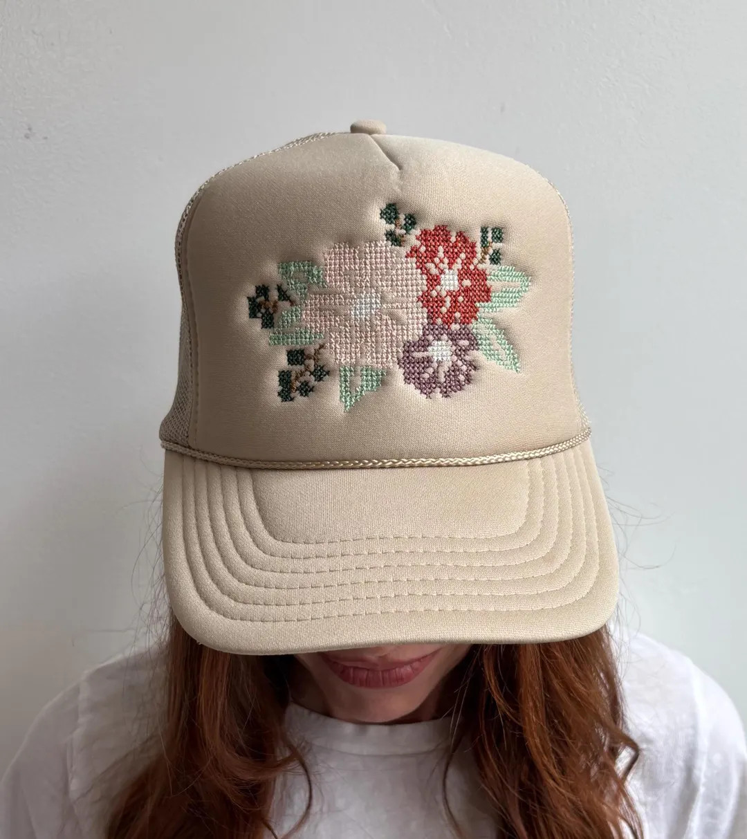 Blossom Trucker Hat, Mesh back, Foam Front Snapback, Embroidered Hat, Birthday Gift, Cross Stitch... | Etsy (US)