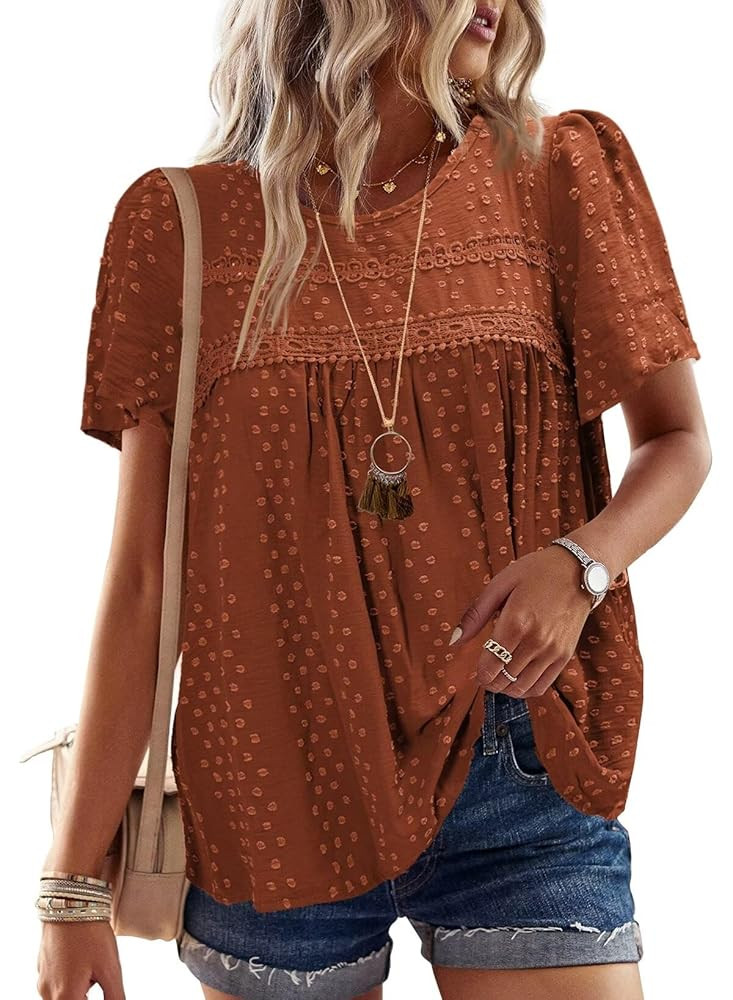 Womens Summer Tops Crewneck Short Sleeve Shirts Casual Chiffon Blouses Flowy Lace Hem Boho Clothi... | Amazon (US)