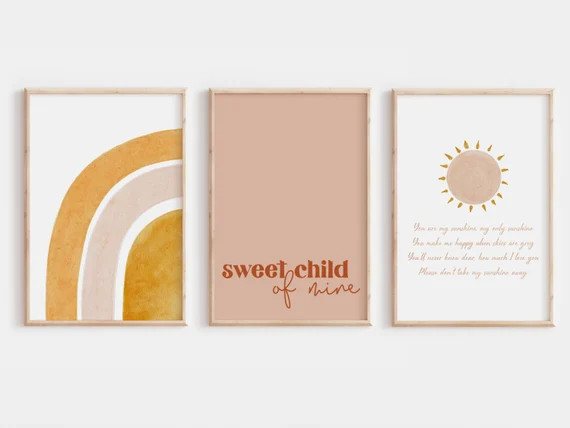 Nursery print set of 3, boho nursery wall art, sun and moon nursery, rainbow print, boho rainbow ... | Etsy (US)