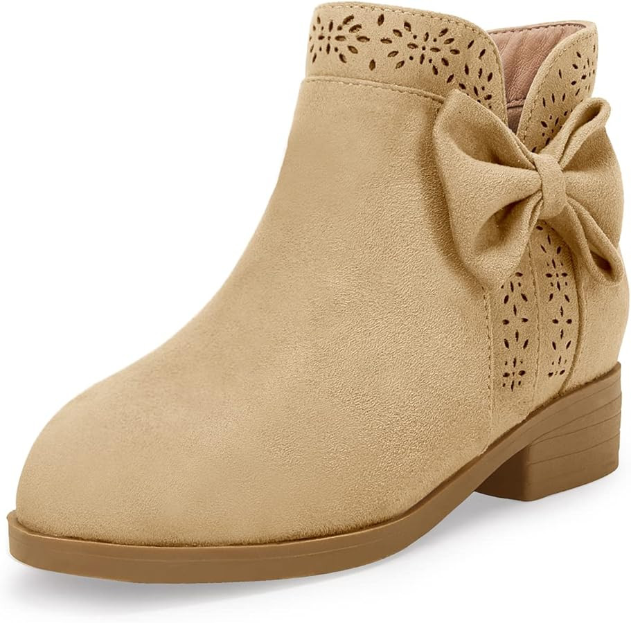 Girls Kids Bow Knot Ankle Boots Faux Suede V Cutout Low Stacked Heel Side Zipper Chelsea Shoes | Amazon (US)