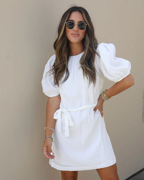 Pure Sweetness Textured Puff Sleeve Tie Waist Mini Dress - White - LAST CHANCE | VICI