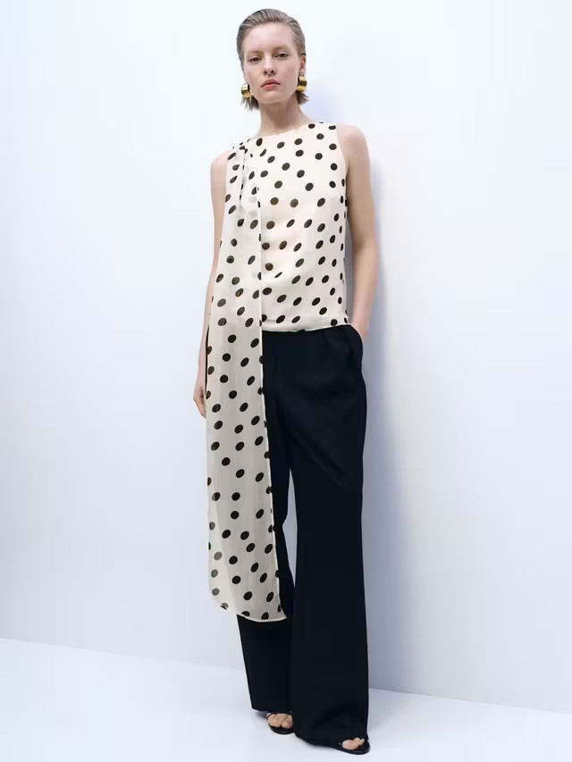 Mango Adela Polka Dot Tie Neck Top, Cream/Black | John Lewis (UK)