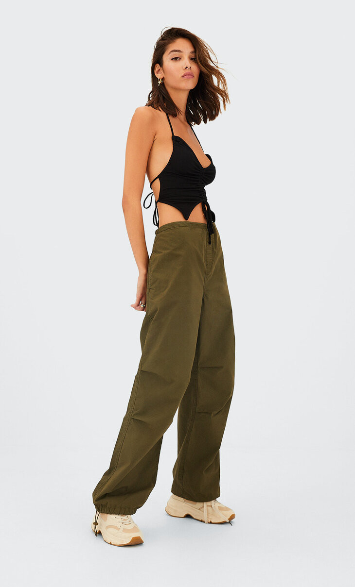 Poplin parachute trousers with stoppers - Women's fashion | Stradivarius United Kingdom | Stradivarius (UK)