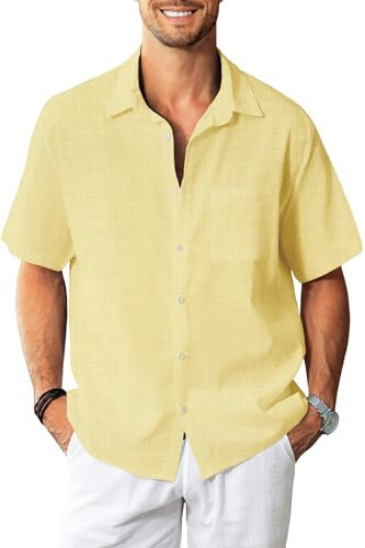 KYKU Men's Linen Cotton Button Down Shirt Short Sleeve Casual Yellow Dress Shirt with Pocket M | Amazon (US)