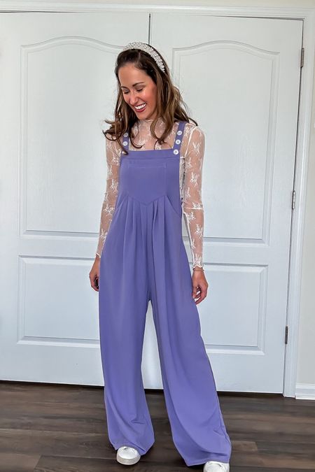 Purple jumpsuit + white sheer lace top 💜

Pearl headband // layering lacy shirt // purple overalls // white sneakers outfit for spring // spring outfit 

#LTKfindsunder50 #LTKSeasonal #LTKstyletip