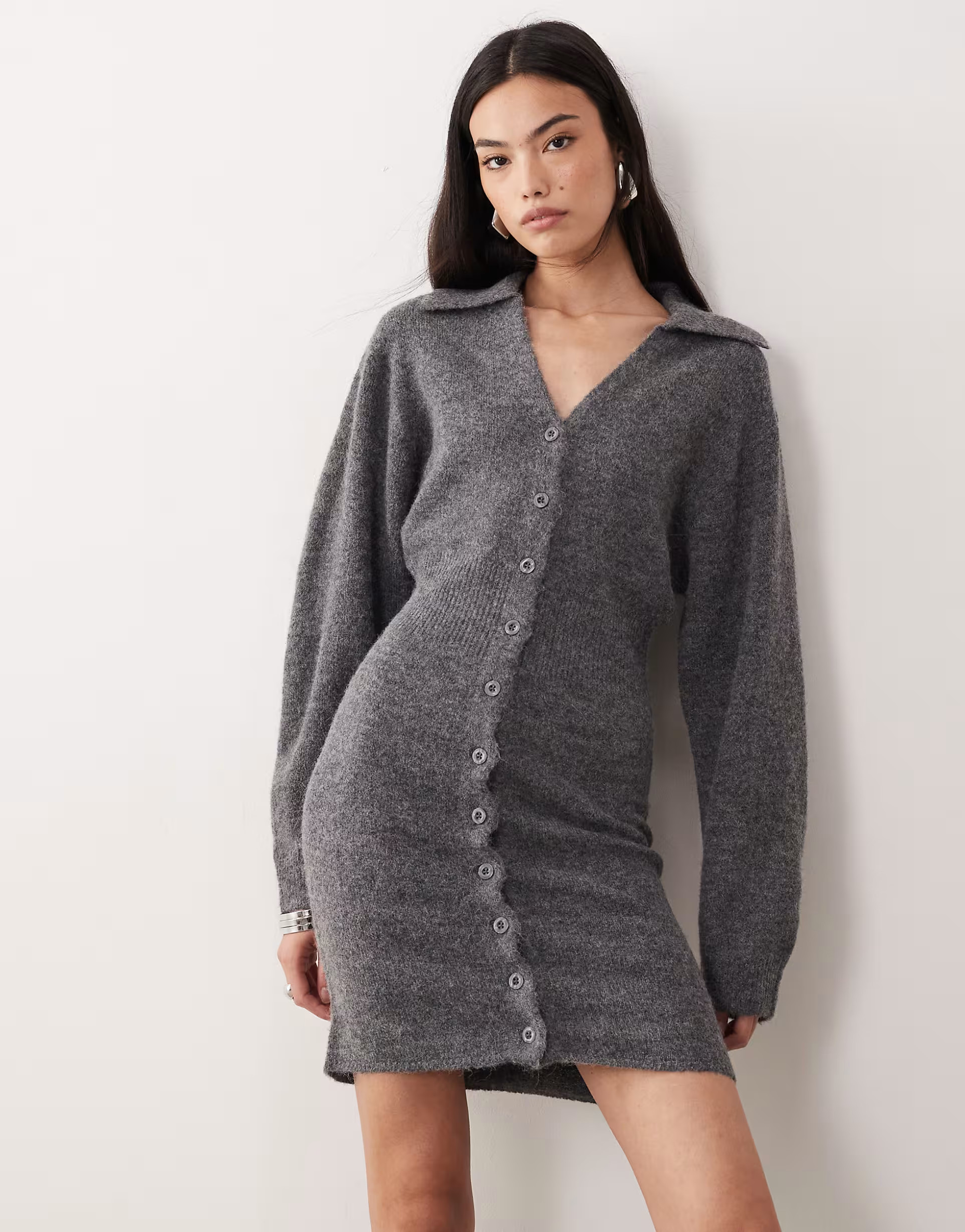 Gina Tricot long sleeve knit button down mini dress in dark gray melange | ASOS (Global)