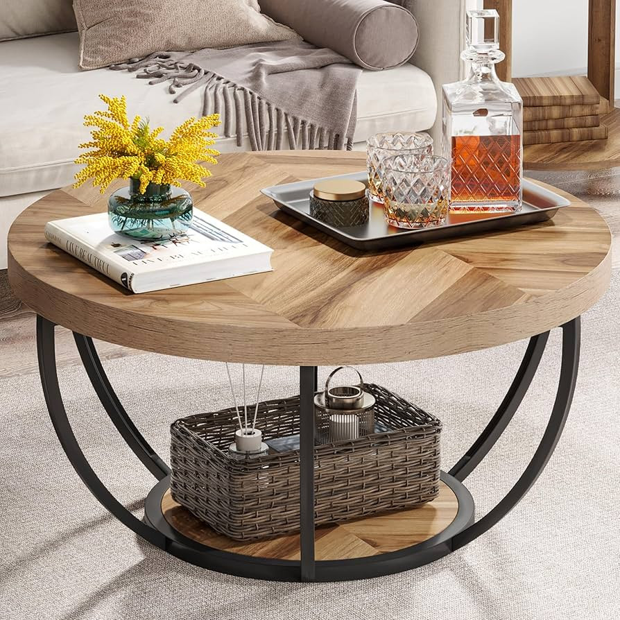 Tribesigns 31.7" Round Industrial Coffee Table with 2-Tier Storage Shelves, Modern Wood & Black M... | Amazon (US)