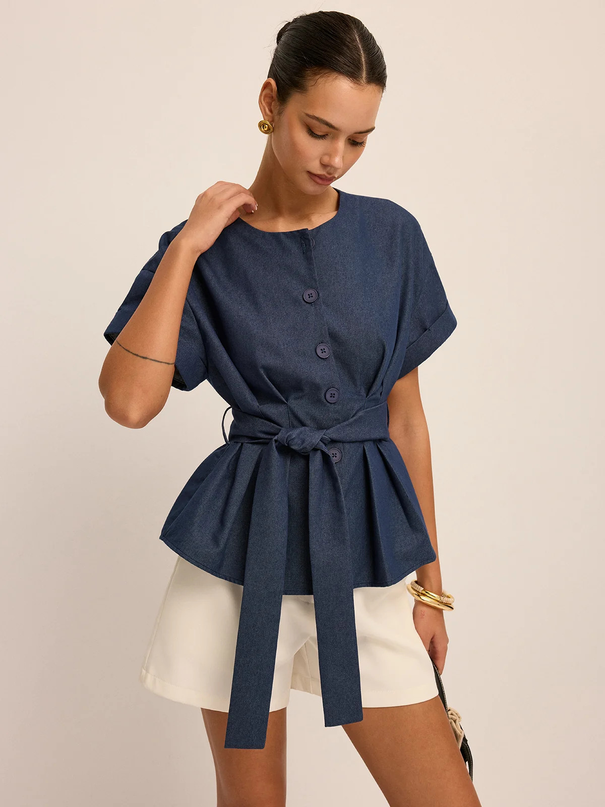 Belted Short-Sleeve Peplum Blouse | Commense