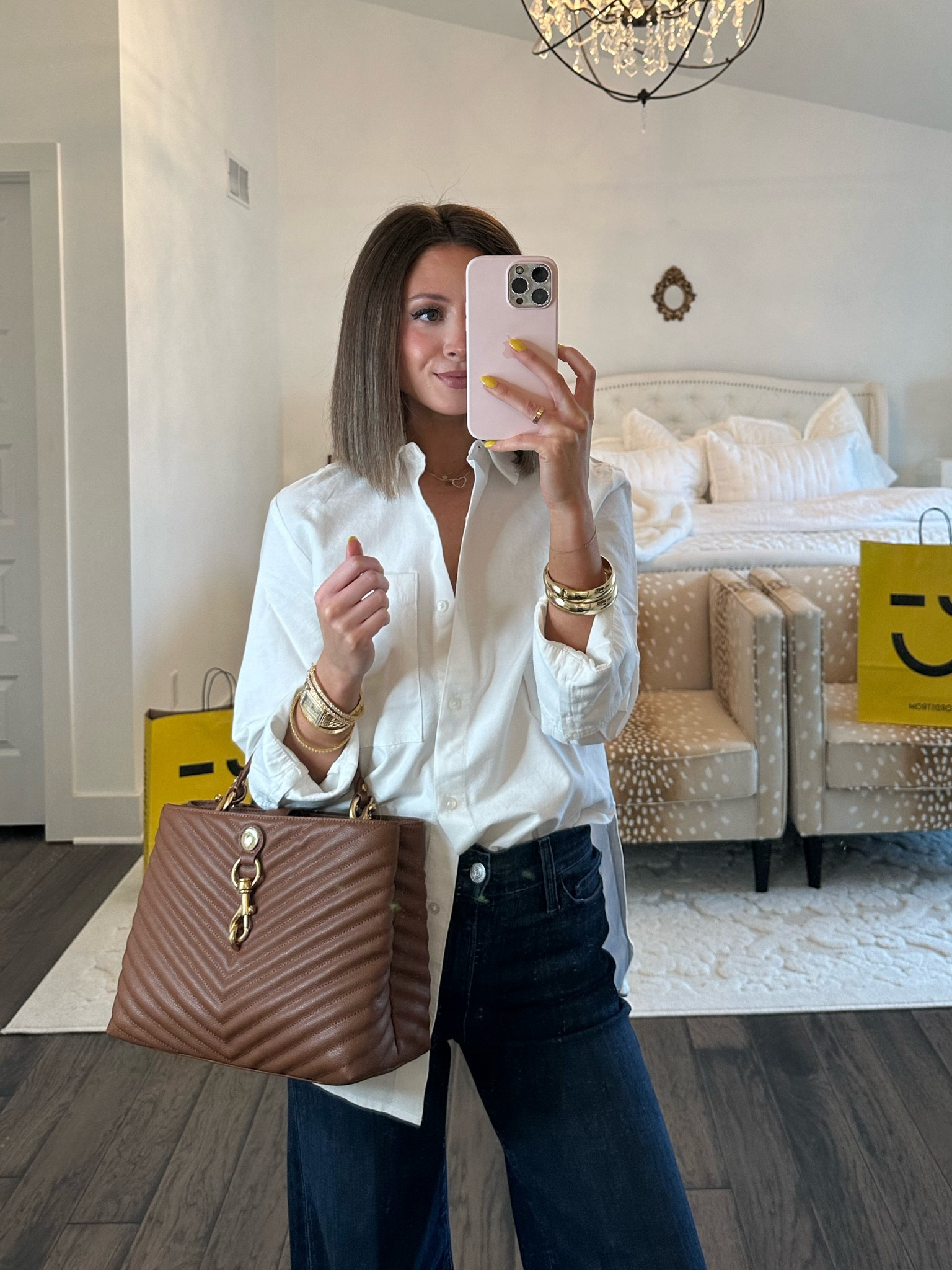 treasure & bond white shirt (sized down to xxs - oversized fit)
frame wide leg jeans (tts, 24 super stretchy)
rebecca minkoff bag 