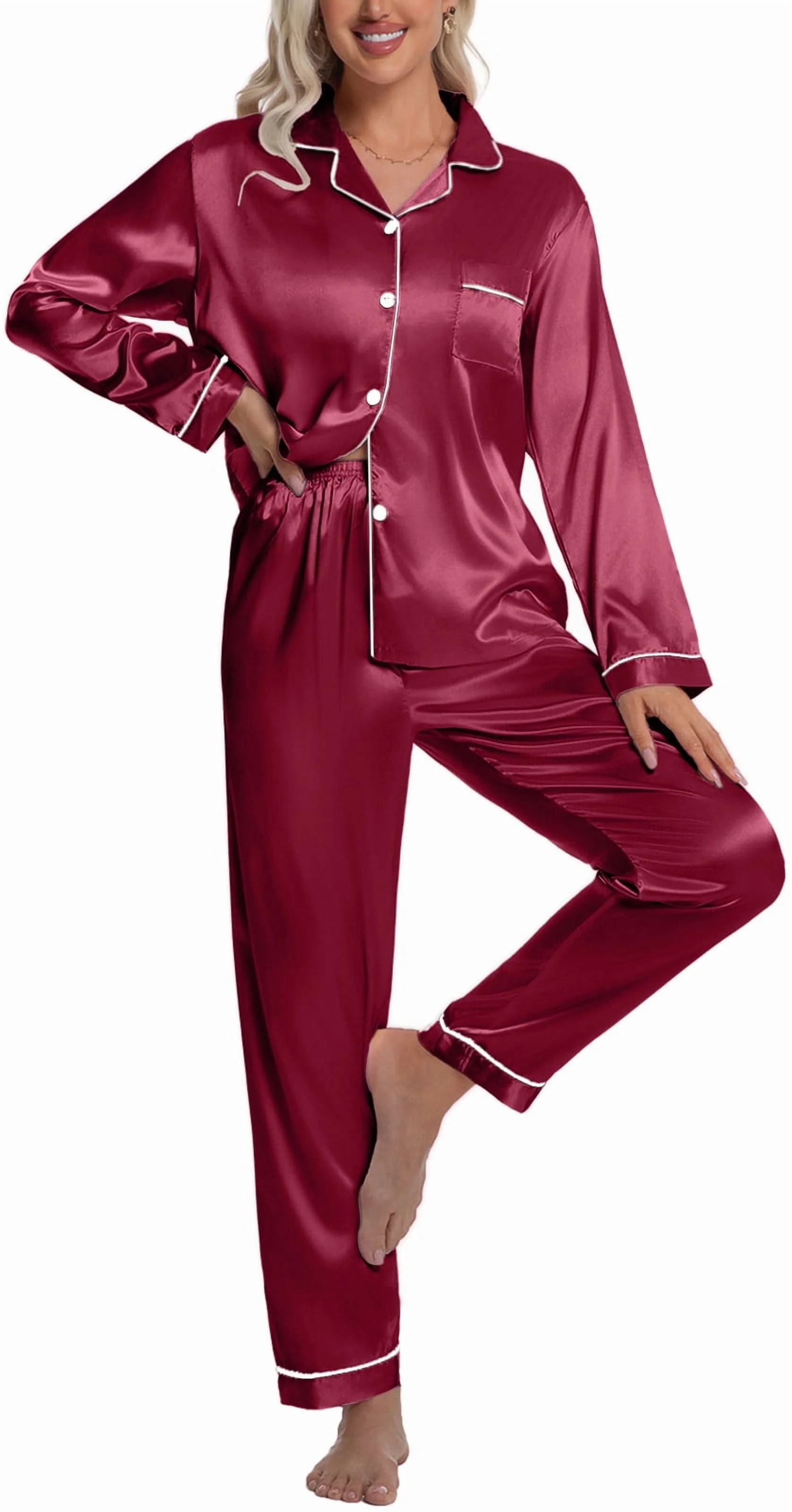 DAKIMOE Sleepwear Womens Silky Satin Pajamas Set Long Sleeve Nightwear Loungewear, Red, S | Walmart (US)