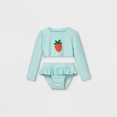Toddler Girls' 2pc Seersucker Strawberry Long Sleeve Rash Guard Set - Cat & Jack™ Aqua | Target