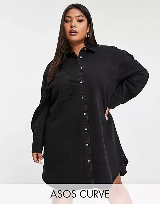 ASOS DESIGN Curve denim oversized shirt dress in black | ASOS (Global)