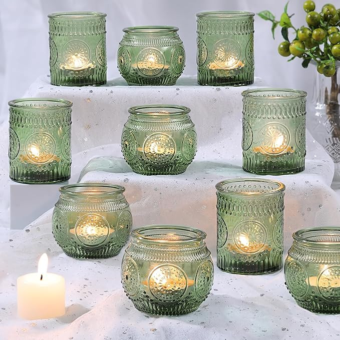 12Pcs Green Votive Candle Holders - Glass Tea Light Candle Holder for Wedding Shower, Candle Hold... | Amazon (US)