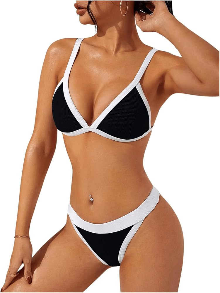 Verdusa Women's Contrast Binding Triangle Thong Bikini Swimsuit 2 Piece Bathing Suits | Amazon (US)