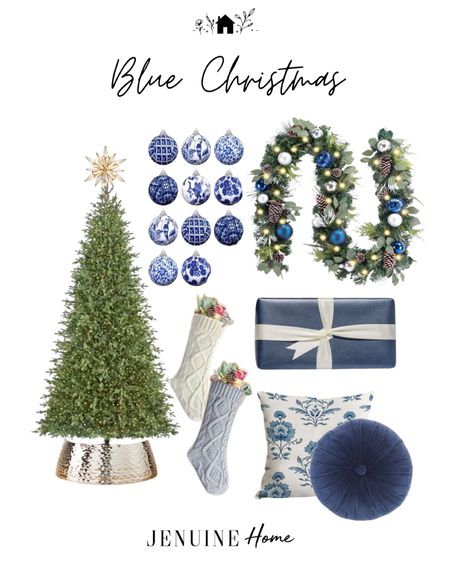 Blue Christmas. Blue chinoiserie ornaments. Blue wrapping paper. Blue and grey stockings. Blue and white Indian stamp throw pillow. Blue circle throw pillow. Pre lit Christmas tree. Plug in Christmas tree star. Blue and silver pre lit garland  

#LTKSeasonal #LTKHoliday #LTKhome