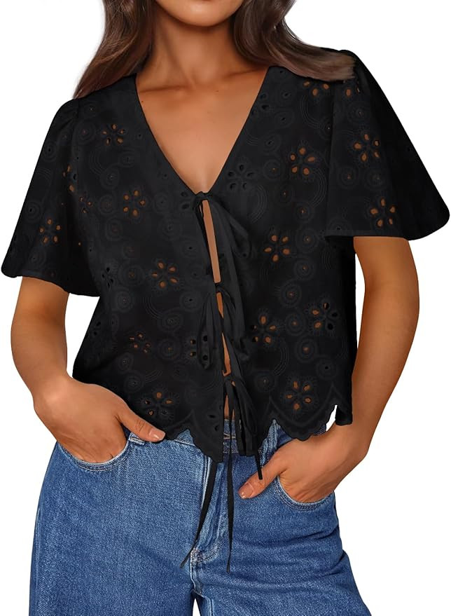 Trendy Queen Womens Summer Tops Cute Boho Blouses Beach Vacation Spring Outfits 2026 Tie Front Ey... | Amazon (US)