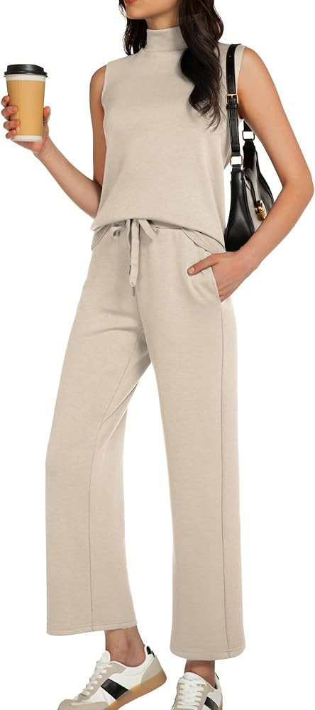 Women's Summer 2 Piece Outfits Mock Neck Tank Top Cropped Wide Leg Pants Lounge Sets 2025 Fashion... | Amazon (US)