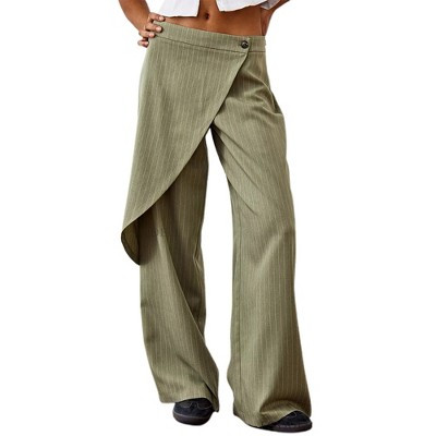 Clearlove Pinstripe Wide Leg Pants for Women High Waisted Business Casual Trousers Fold Over Asymmetrical Baggy Dress Pants with Pockets, green - L | Target