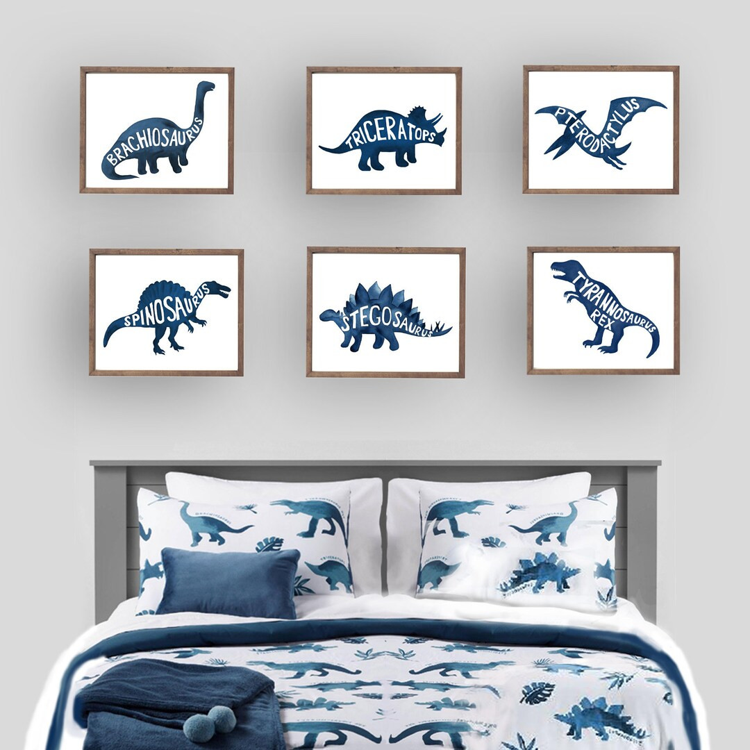 Dinosaur Wall Art Décor for Boy Nursery Bedroom, Blue Watercolor Dinosaur Art Prints - Etsy | Etsy (US)