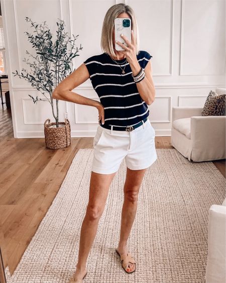 🎉 50% off and free shipping on shorts with code CYBER wearing a 2 / Amazon striped sweater tank comes in other colors / fits true to size / wearing a small 

White shorts
Amazon outfit idea
Loft outfit 
Love Loft

