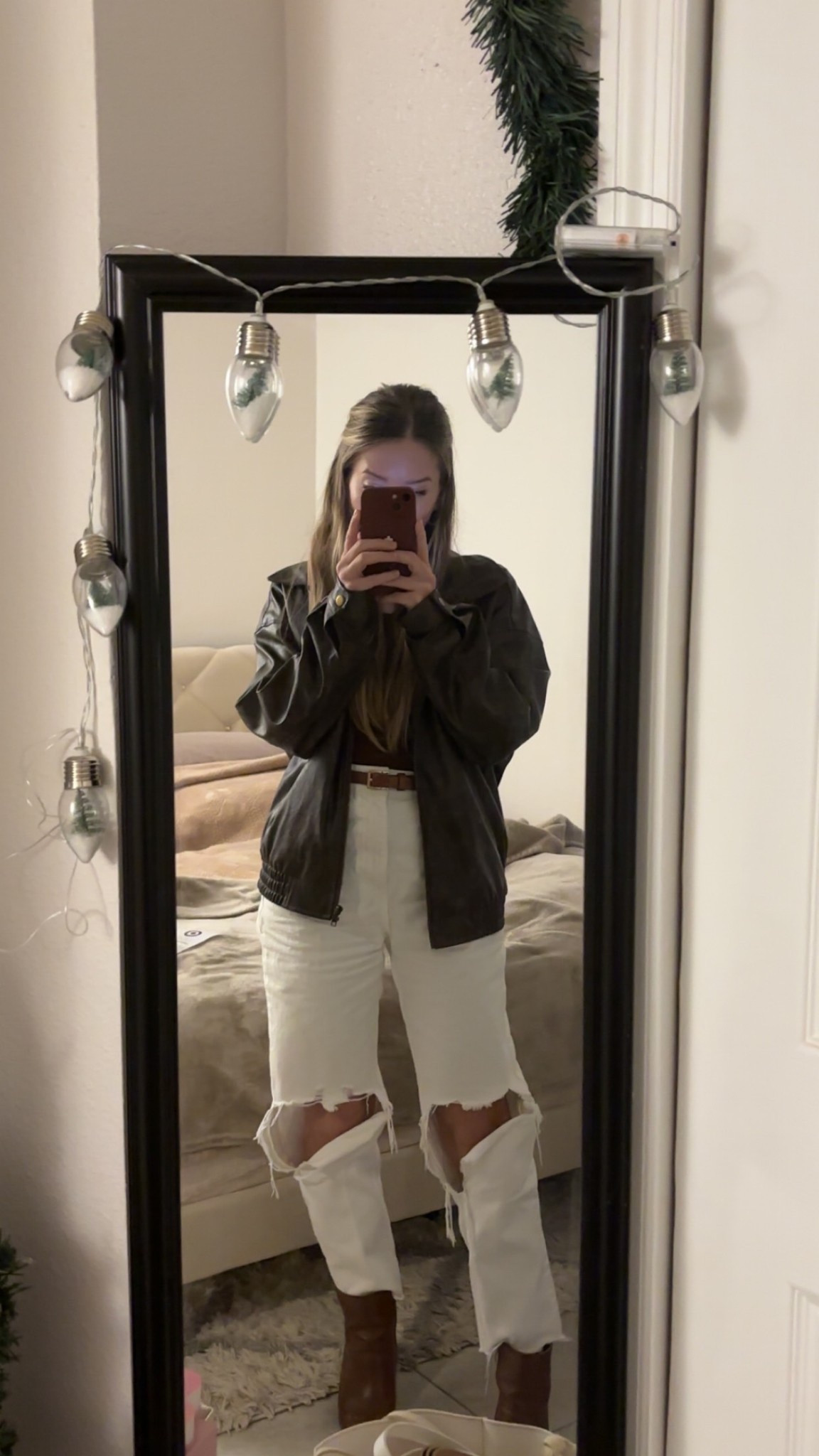 Winter outfit wearing white distressed jeans and a brown faux leather jacket🤎 linked similar on amazon!🫶🏻

#LTKootd #LTKSeasonal