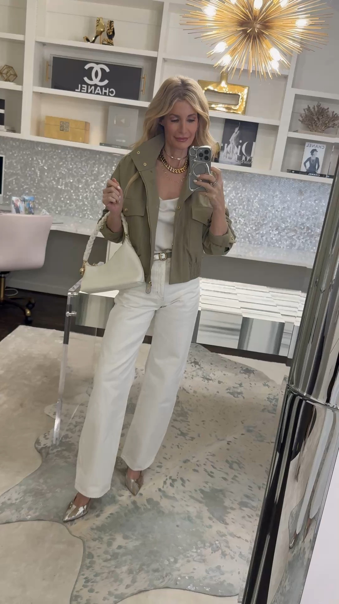 Outfit of the day 🤍 These white FRAME Bow jeans are so flattering with the slightly tapered wide leg silhouette, and they instantly make your legs look longer ✨ I paired them with this chic bomber jacket from Revolve for the perfect church and brunch look. I’m wearing a 23 in the jeans—definitely size down because they run big #LTKootd #LTKSeasonal #LTKOver40 

 