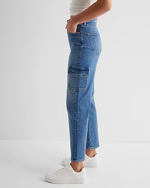 High Waisted Medium Wash Straight Ankle Cargo Jeans | Express (Pmt Risk)