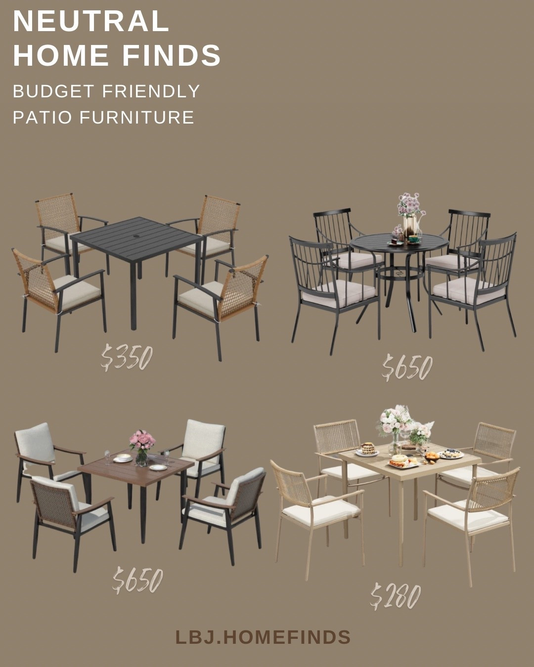 Literally run.. some of these sets are on sale for less than $300😱
Neutral patio furniture that looks high-end without the high price 🤎 These budget-friendly outdoor dining sets are perfect for patios, balconies, and backyard entertaining. From modern black metal dining sets to woven neutral outdoor chairs, these affordable patio furniture finds start under $350. All linked in my LTK.

neutral patio furniture, affordable outdoor dining set, modern patio furniture, backyard dining ideas, patio furniture under $700

#LTKSeasonal #LTKSaleAlert #LTKHome